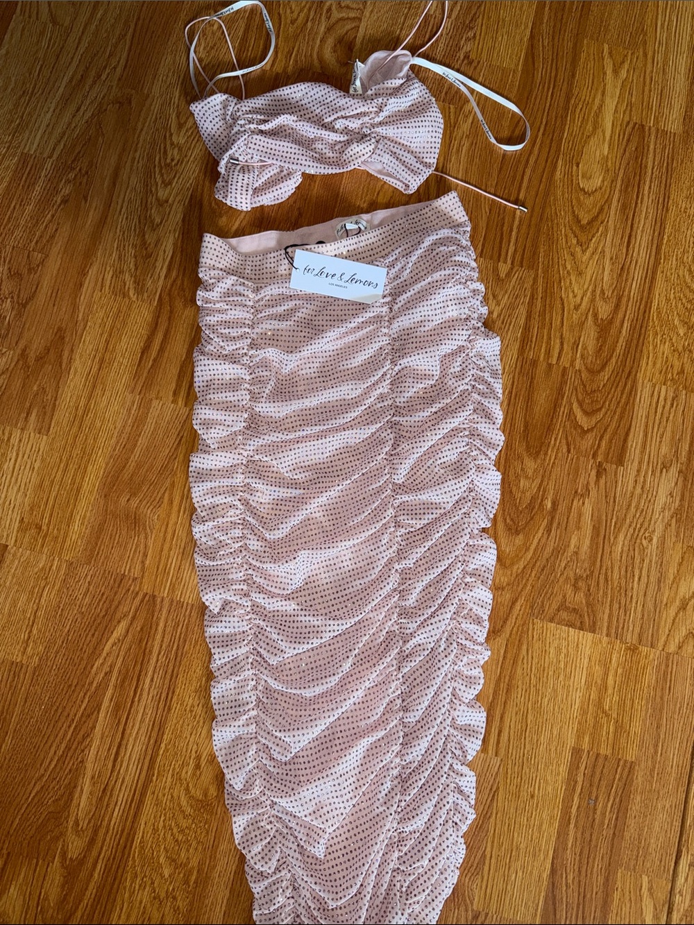 For Love & Lemons blush pink polka dot ruched maxi skirt —All that glitters